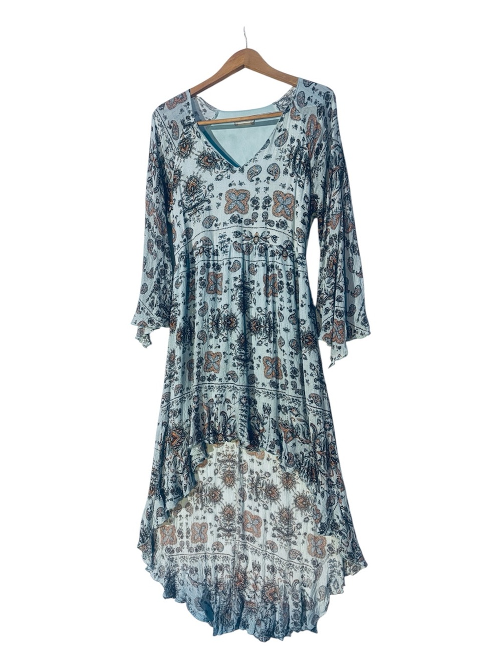 Altar'd State Boho Paisley High Low Maxi Dress Medium Light Blue Bell Sleeve